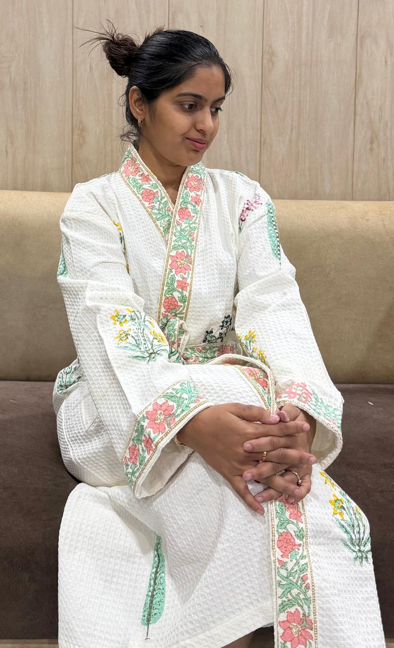 Adult Handblock Printed Waffle Cotton Bathrobe - Firoza Gul