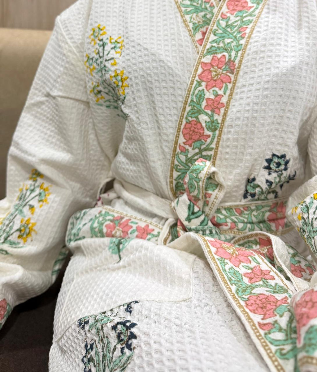 Adult Handblock Printed Waffle Cotton Bathrobe - Firoza Gul