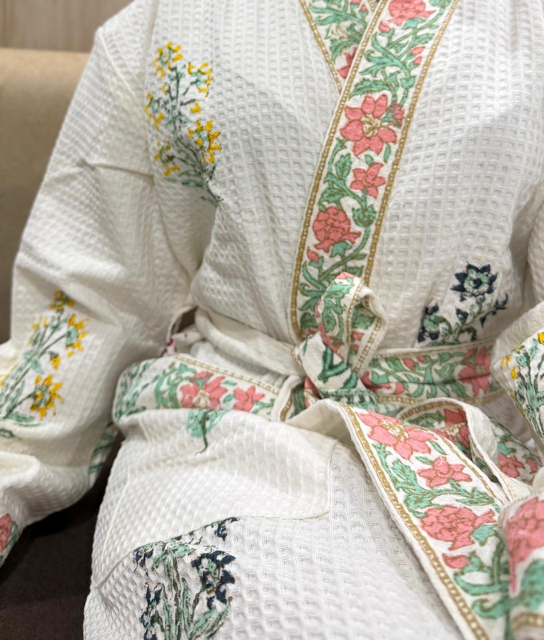 Adult Handblock Printed Waffle Cotton Bathrobe - Firoza Gul