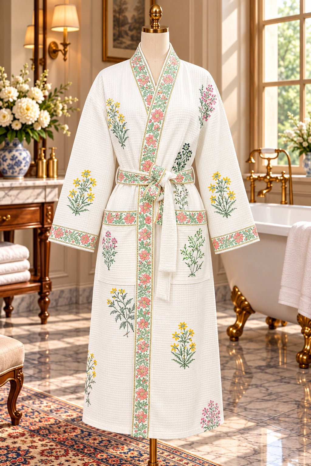 Adult Handblock Printed Waffle Cotton Bathrobe - Firoza Gul