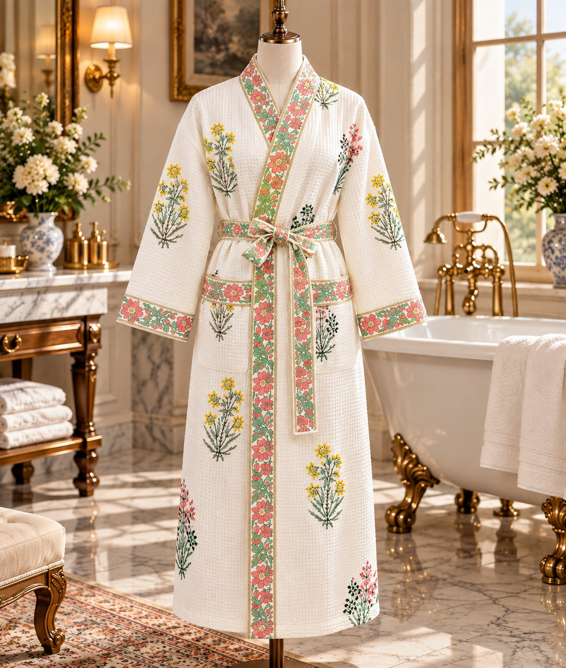 Adult Handblock Printed Waffle Cotton Bathrobe - Firoza Gul