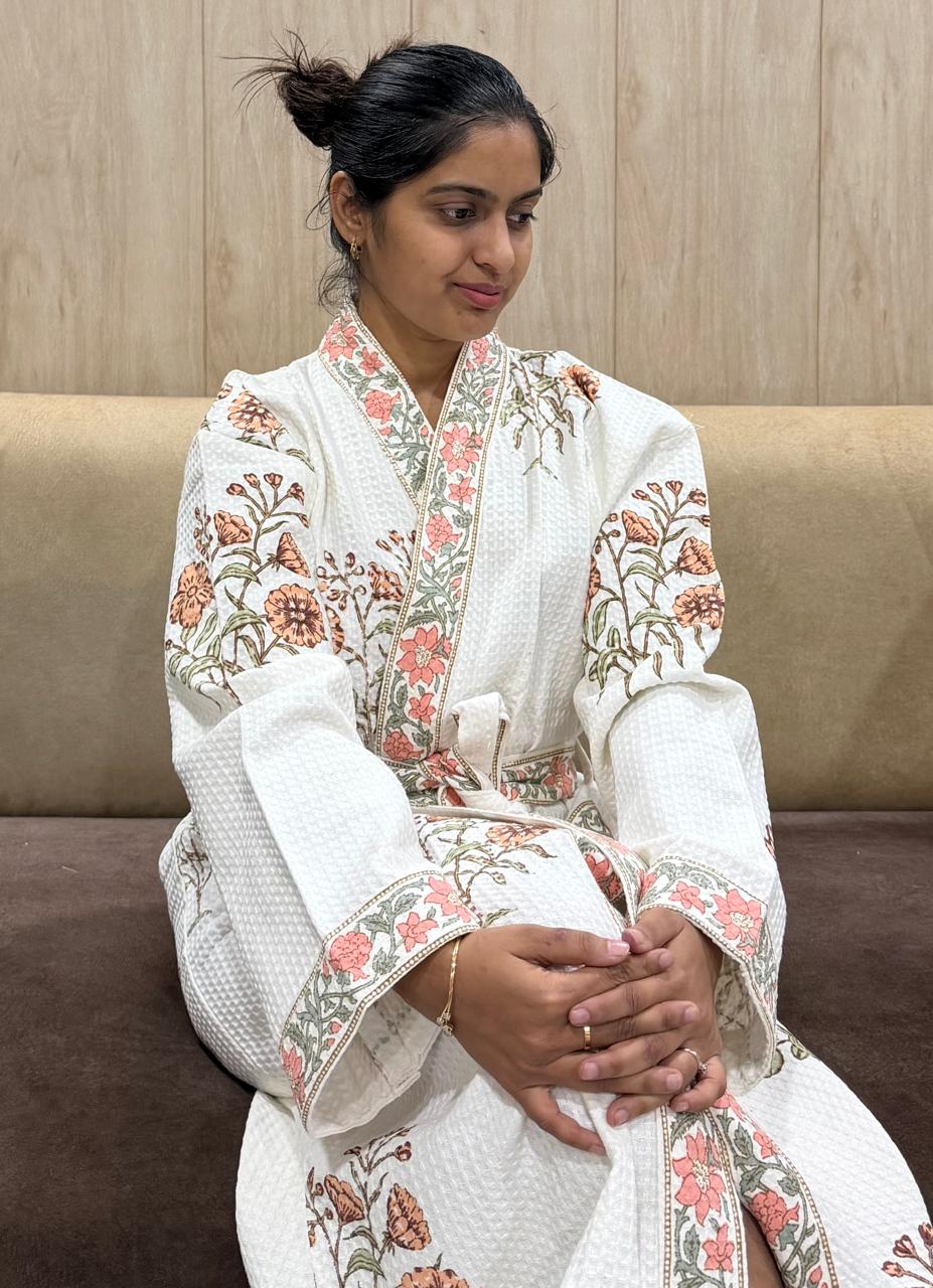 Adult Handblock Printed Waffle Cotton Bathrobe - Gulab Noor