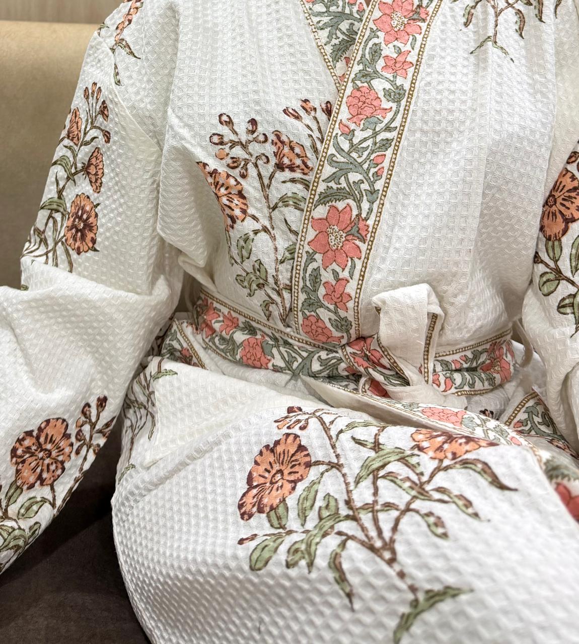 Adult Handblock Printed Waffle Cotton Bathrobe - Gulab Noor
