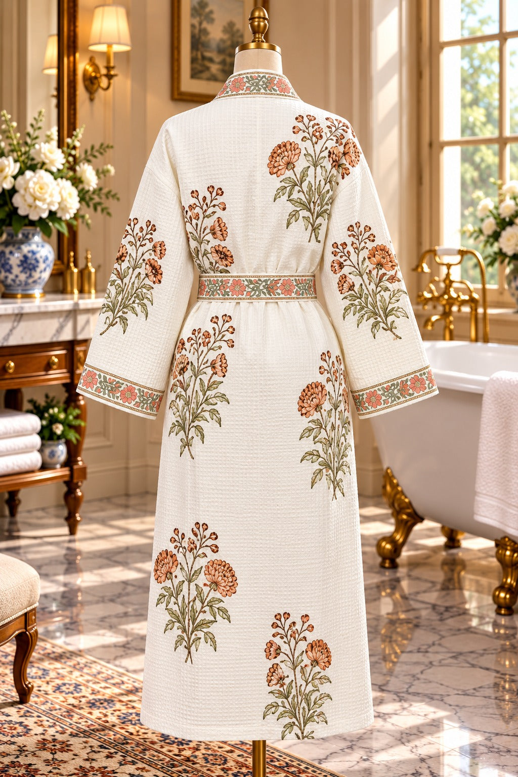Adult Handblock Printed Waffle Cotton Bathrobe - Gulab Noor