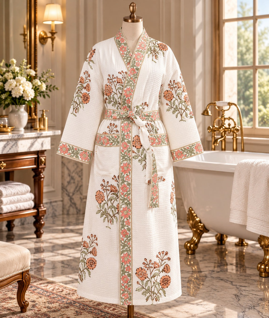 Adult Handblock Printed Waffle Cotton Bathrobe - Gulab Noor