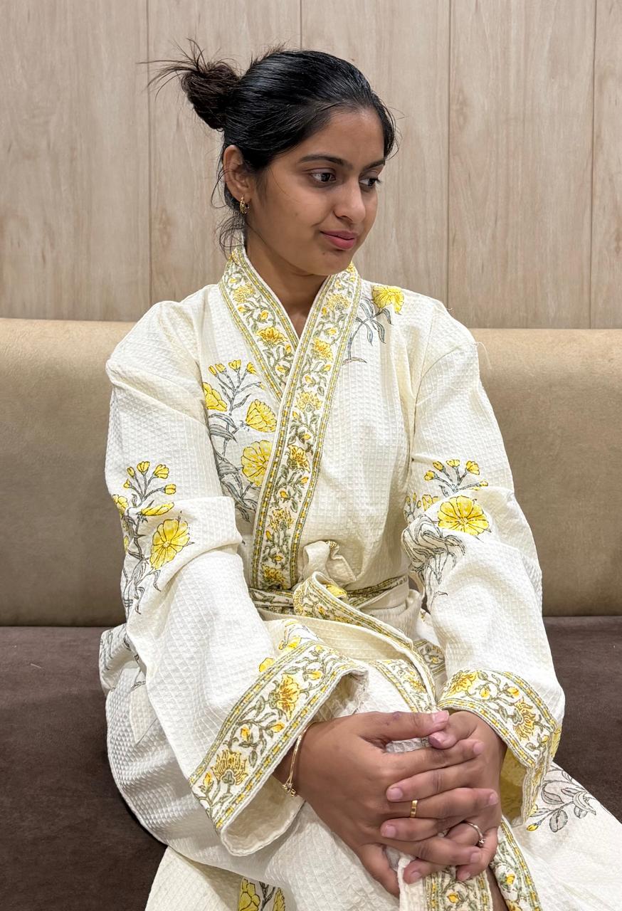 Adult Handblock Printed Waffle Cotton Bathrobe - Sunehri Gul