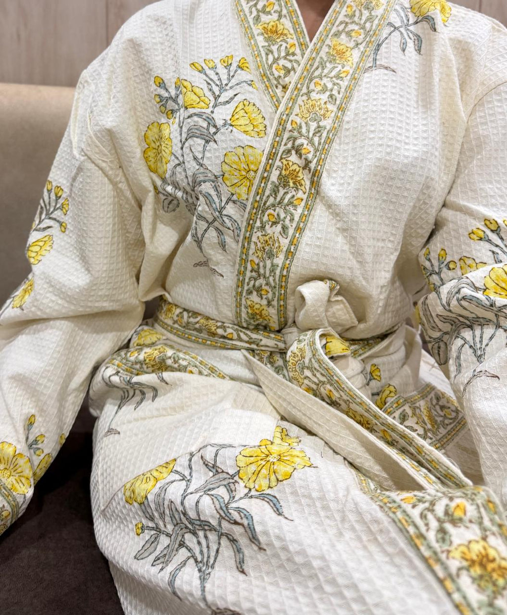 Adult Handblock Printed Waffle Cotton Bathrobe - Sunehri Gul