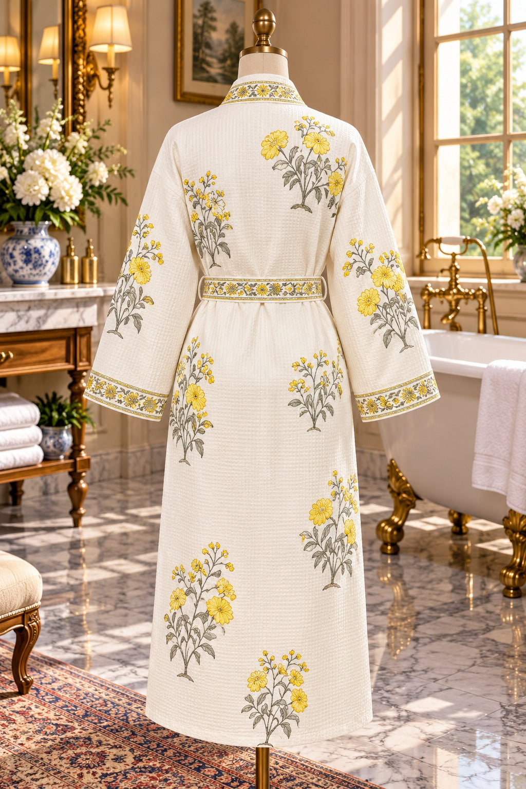 Adult Handblock Printed Waffle Cotton Bathrobe - Sunehri Gul