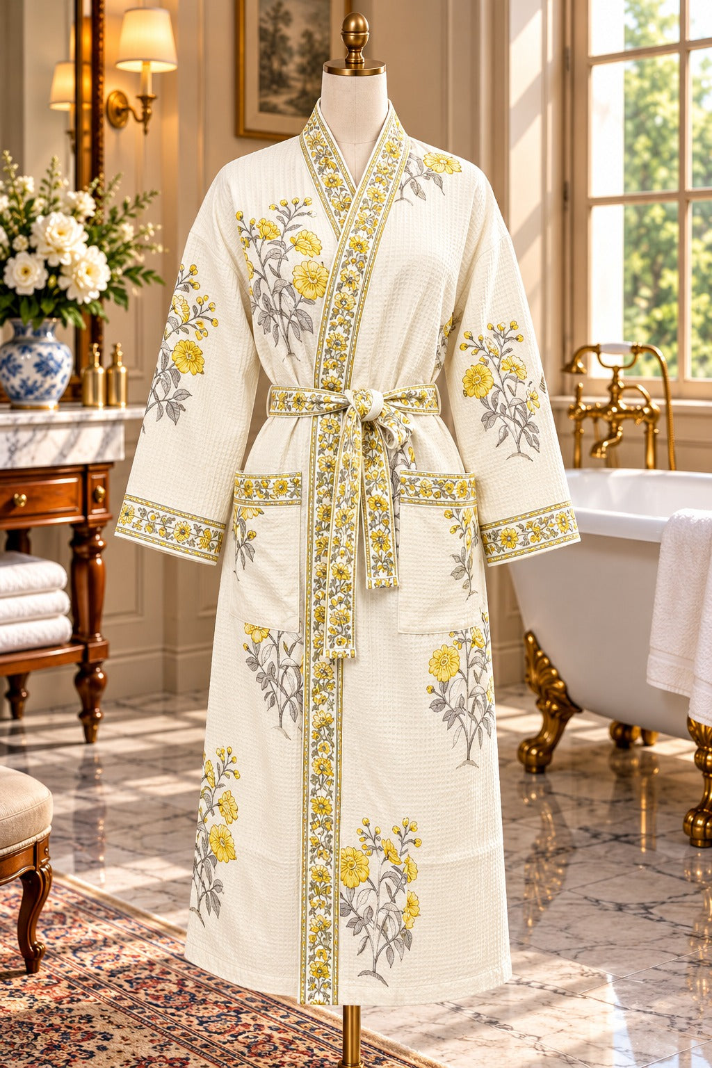Adult Handblock Printed Waffle Cotton Bathrobe - Sunehri Gul