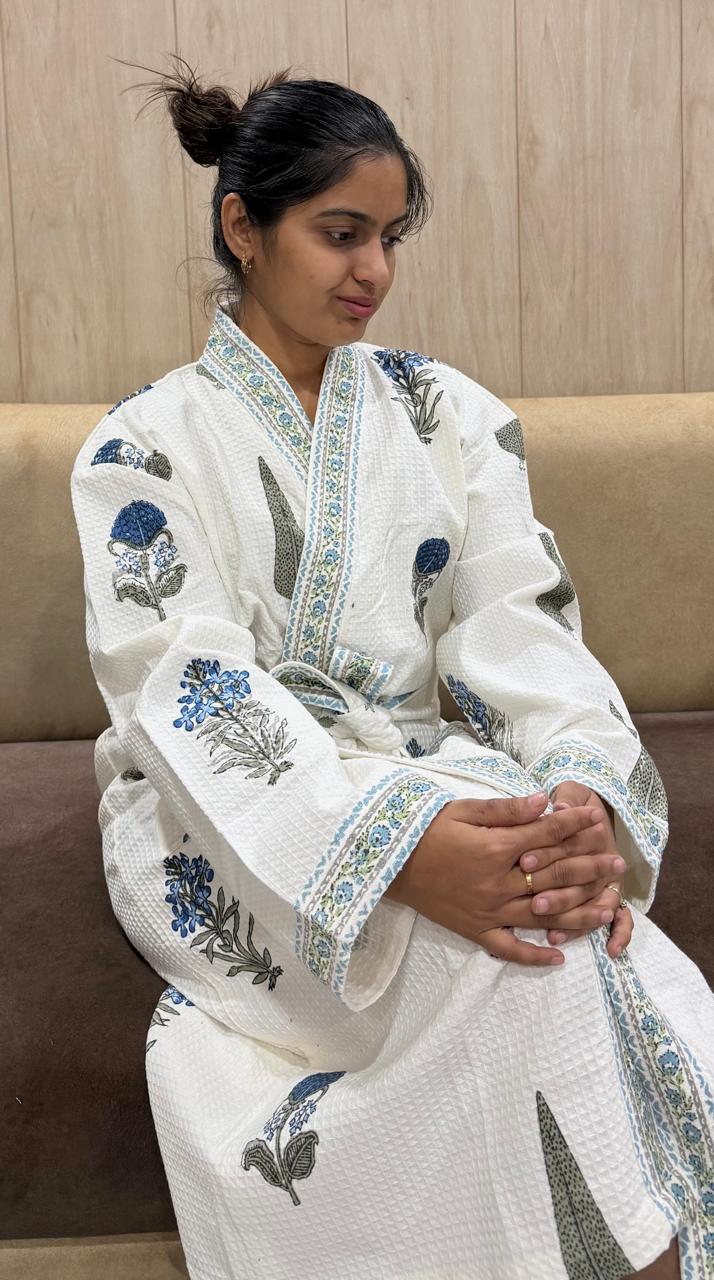Adult Handblock Printed Waffle Cotton Bathrobe - Neel Aangan