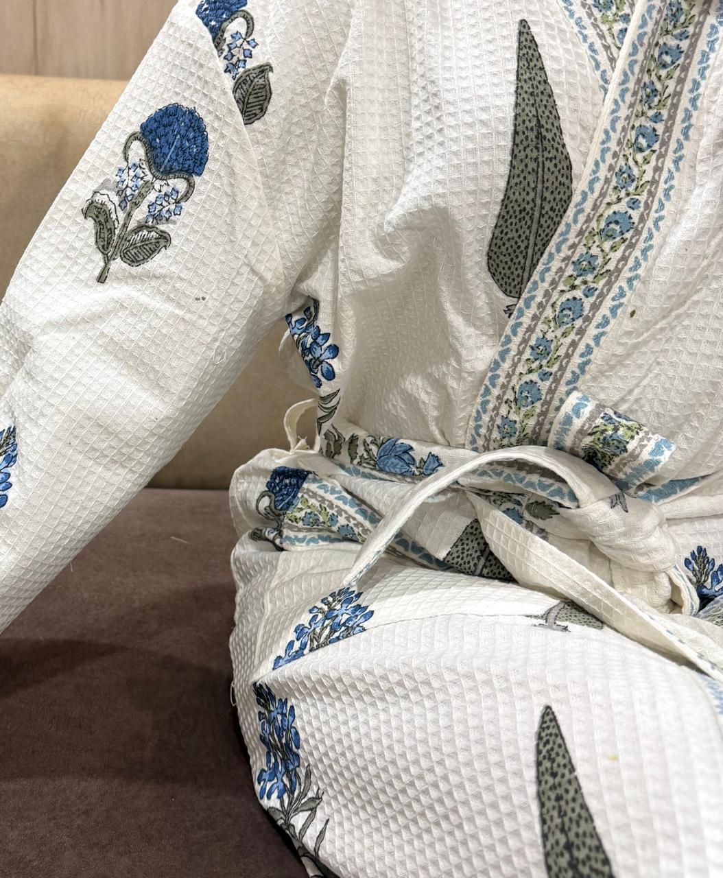 Adult Handblock Printed Waffle Cotton Bathrobe - Neel Aangan
