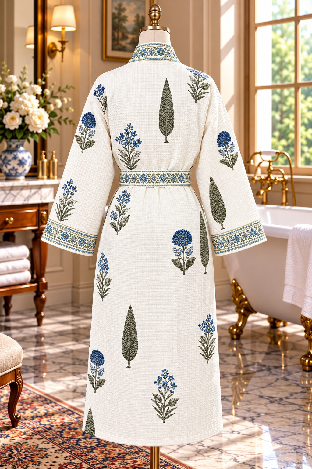 Adult Handblock Printed Waffle Cotton Bathrobe - Neel Aangan