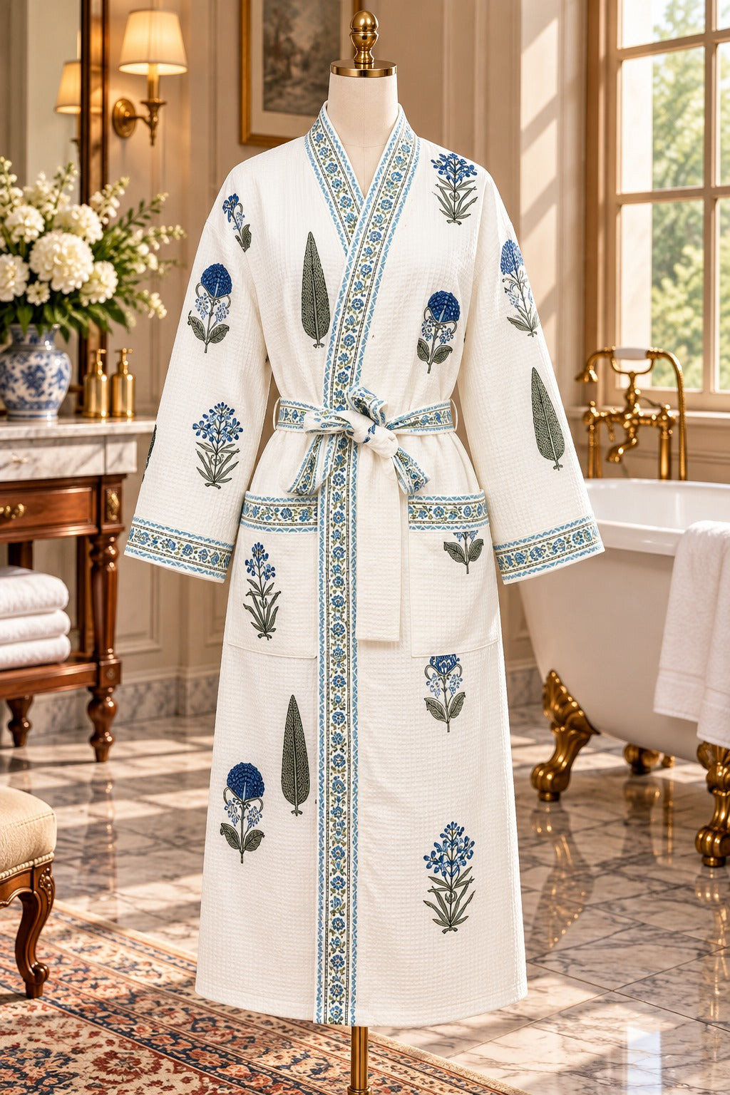 Adult Handblock Printed Waffle Cotton Bathrobe - Neel Aangan