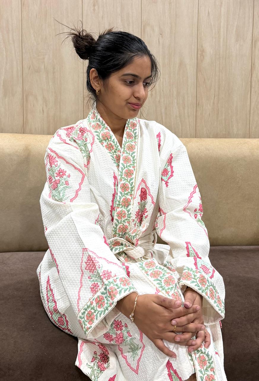 Adult Handblock Printed Waffle Cotton Bathrobe - Gulnaar Bela