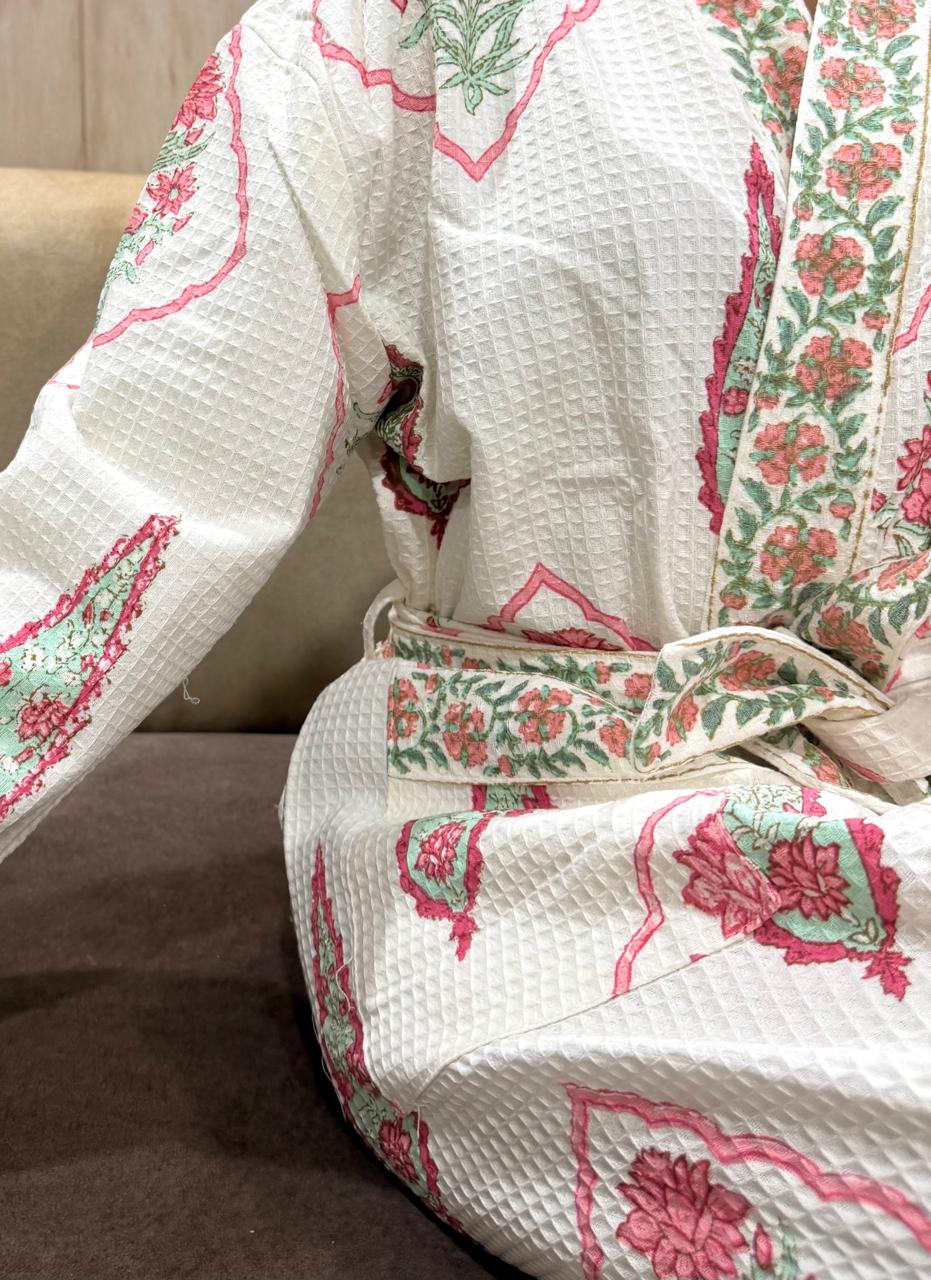 Adult Handblock Printed Waffle Cotton Bathrobe - Gulnaar Bela