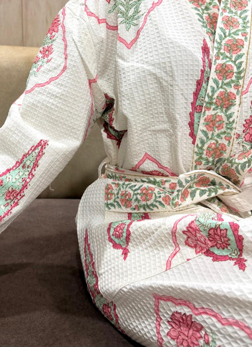 Adult Handblock Printed Waffle Cotton Bathrobe - Gulnaar Bela