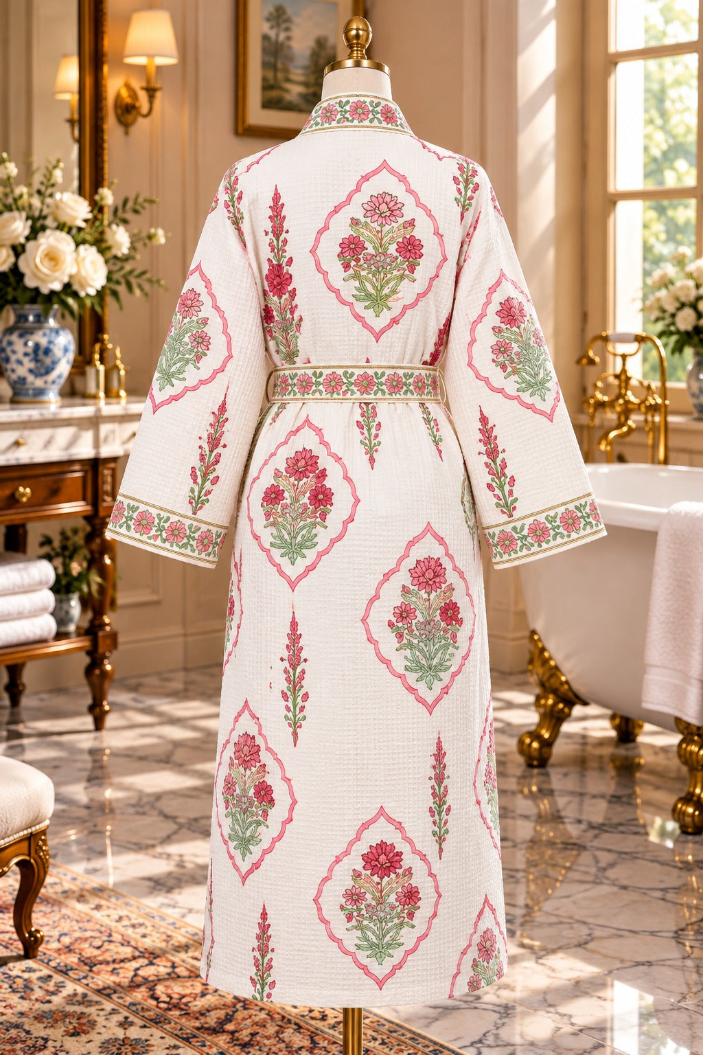 Adult Handblock Printed Waffle Cotton Bathrobe - Gulnaar Bela