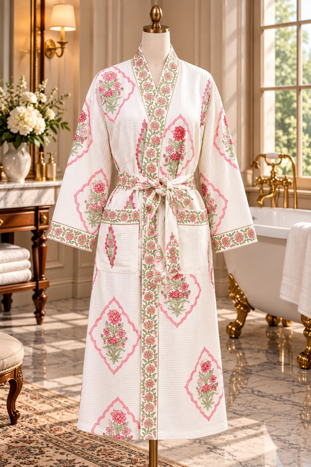 Adult Handblock Printed Waffle Cotton Bathrobe - Gulnaar Bela