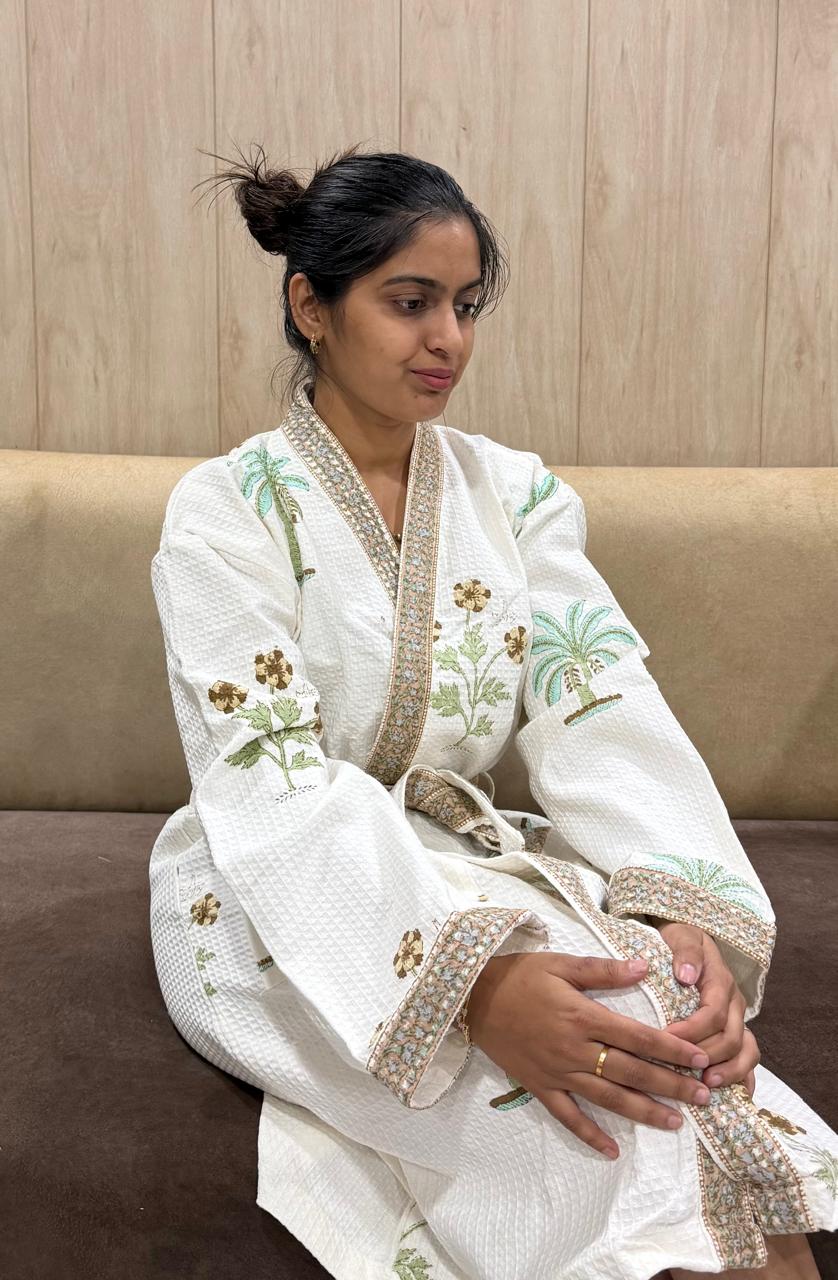 Adult Handblock Printed Waffle Cotton Bathrobe - Mitti Mehak