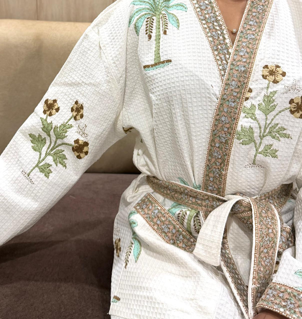 Adult Handblock Printed Waffle Cotton Bathrobe - Mitti Mehak