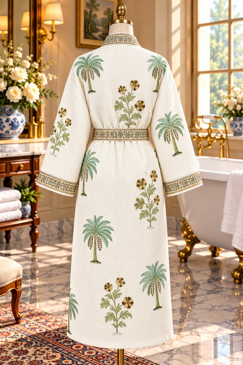 Adult Handblock Printed Waffle Cotton Bathrobe - Mitti Mehak