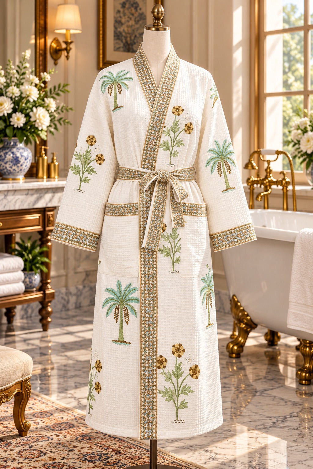 Adult Handblock Printed Waffle Cotton Bathrobe - Mitti Mehak