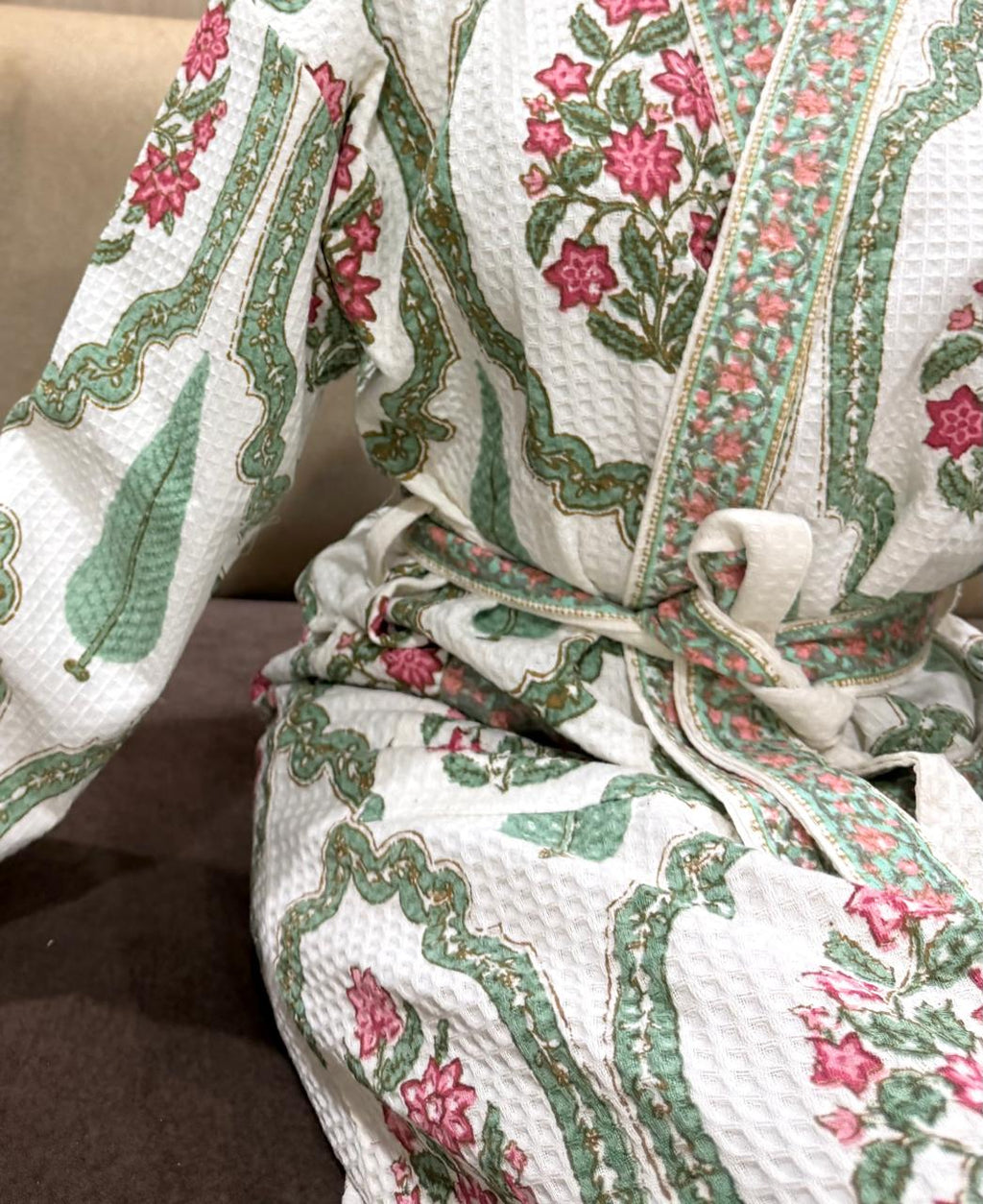 Adult Handblock Printed Waffle Cotton Bathrobe - Panna Gulzar