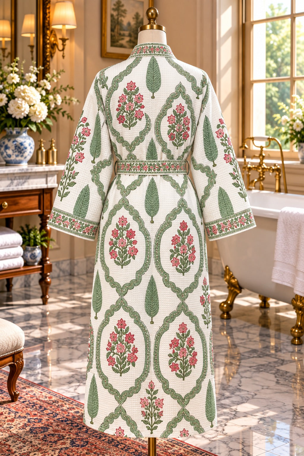 Adult Handblock Printed Waffle Cotton Bathrobe - Panna Gulzar