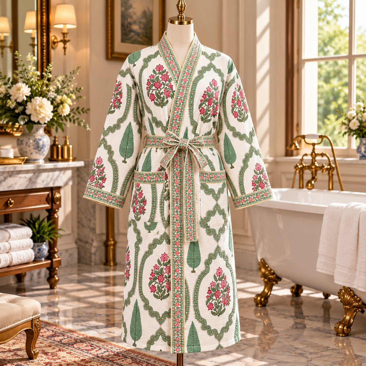 Adult Handblock Printed Waffle Cotton Bathrobe - Panna Gulzar