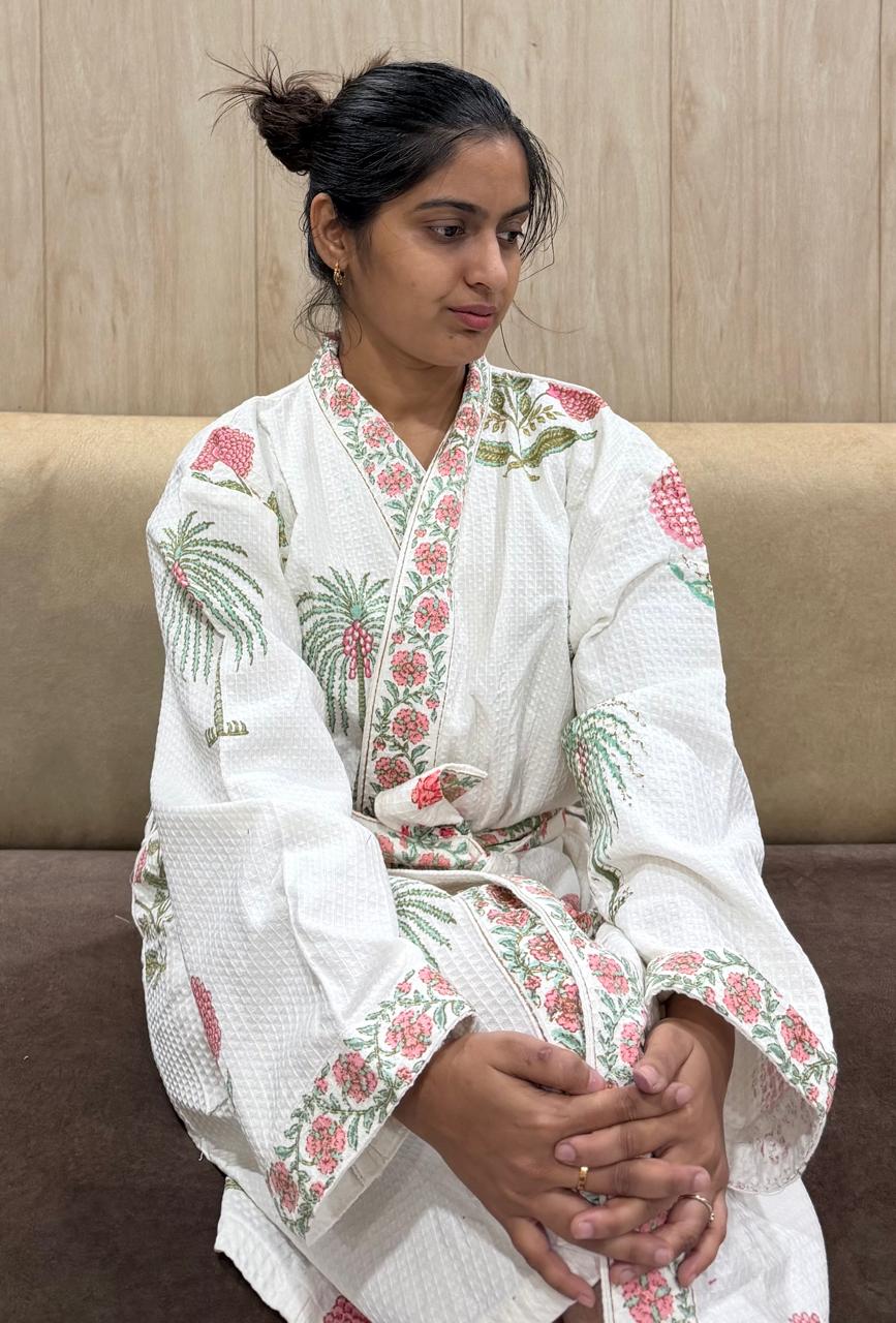 Adult Handblock Printed Waffle Cotton Bathrobe - Gulabi Meher
