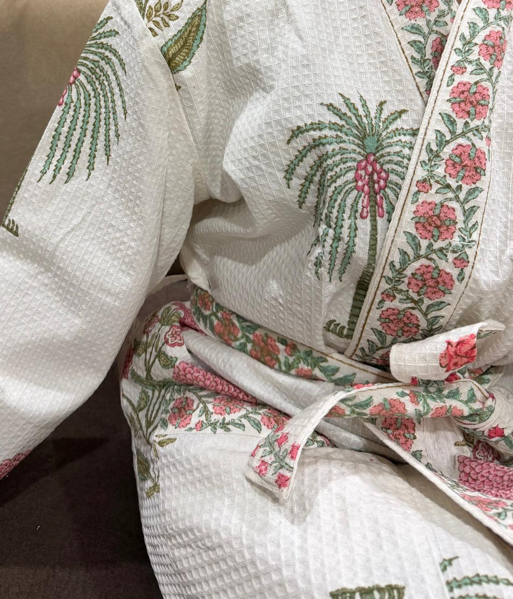 Adult Handblock Printed Waffle Cotton Bathrobe - Gulabi Meher
