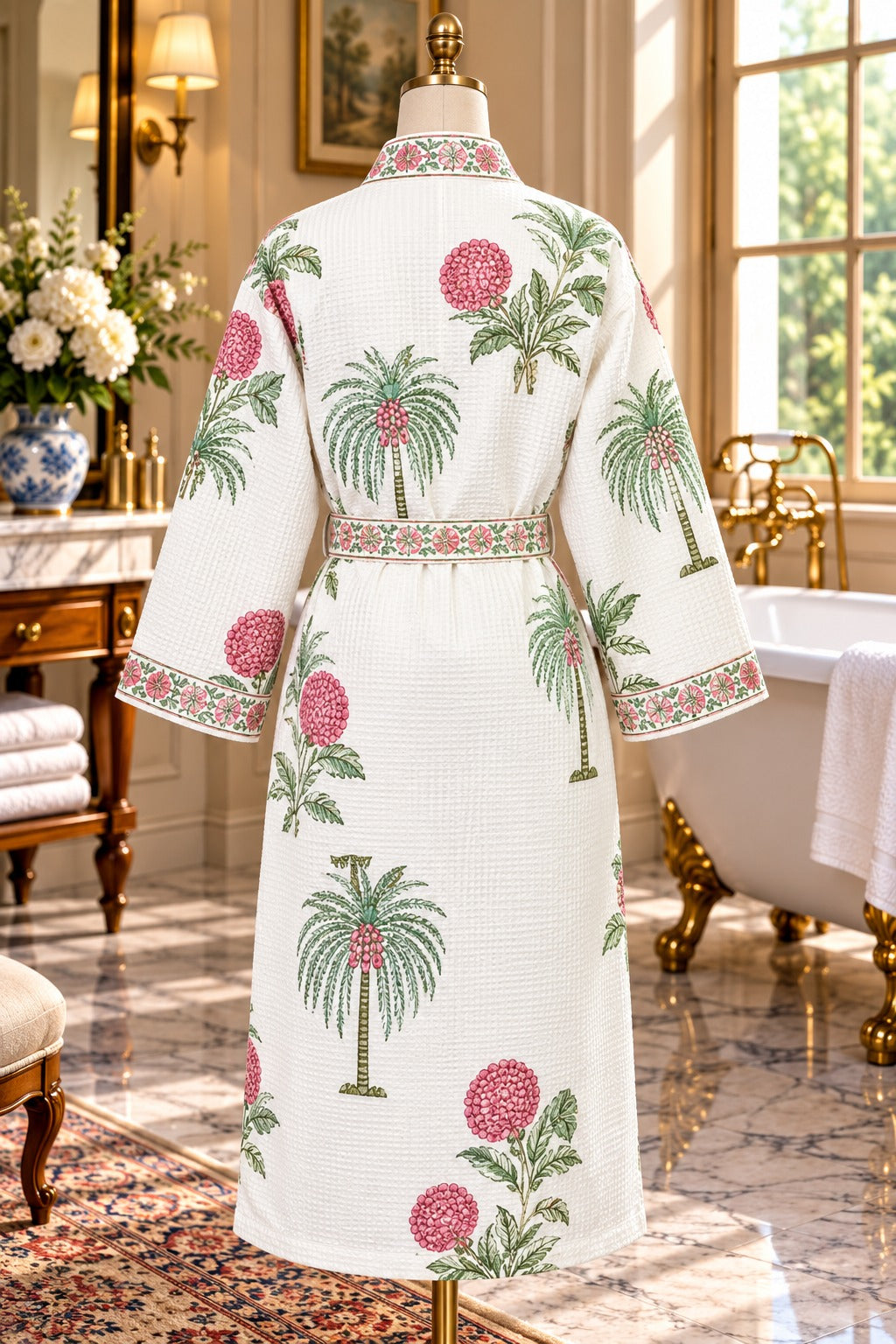 Adult Handblock Printed Waffle Cotton Bathrobe - Gulabi Meher