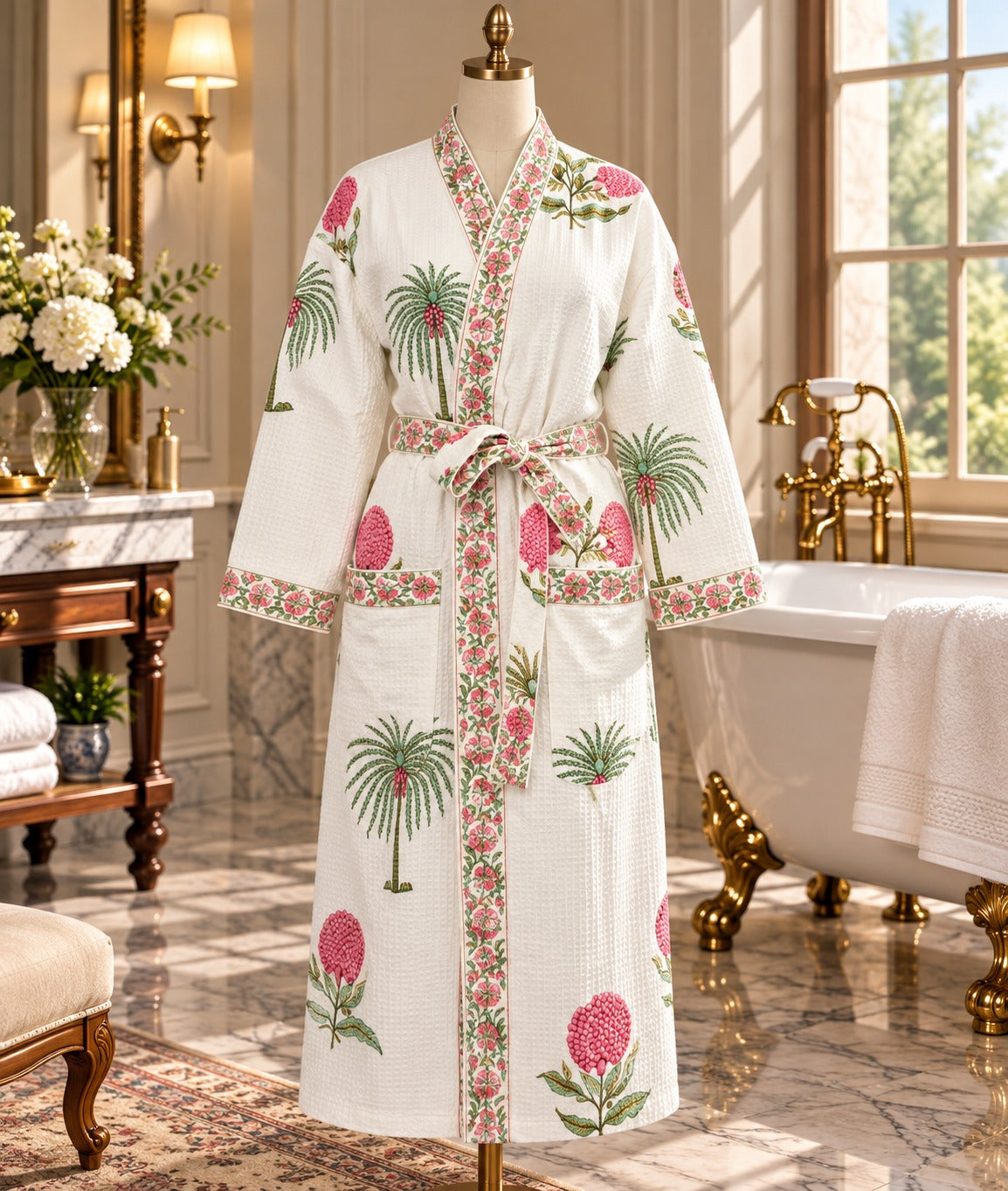 Adult Handblock Printed Waffle Cotton Bathrobe - Gulabi Meher
