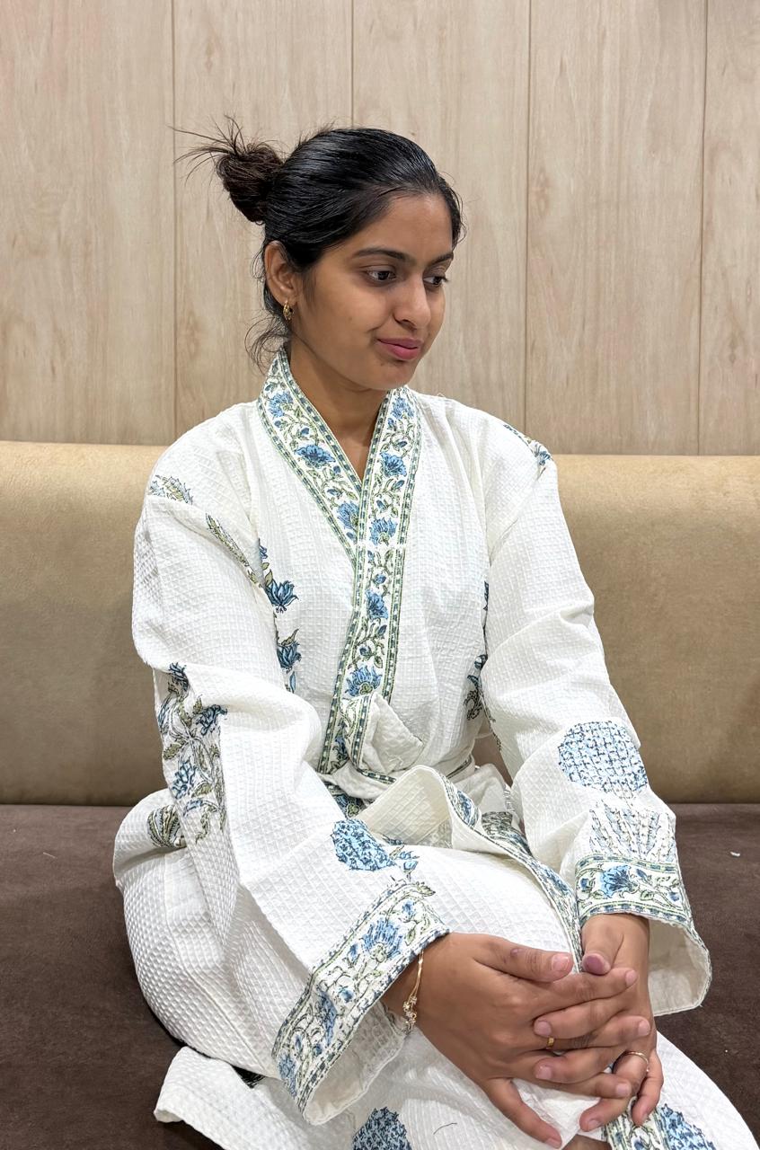 Adult Handblock Printed Waffle Cotton Bathrobe - Neel Bagh