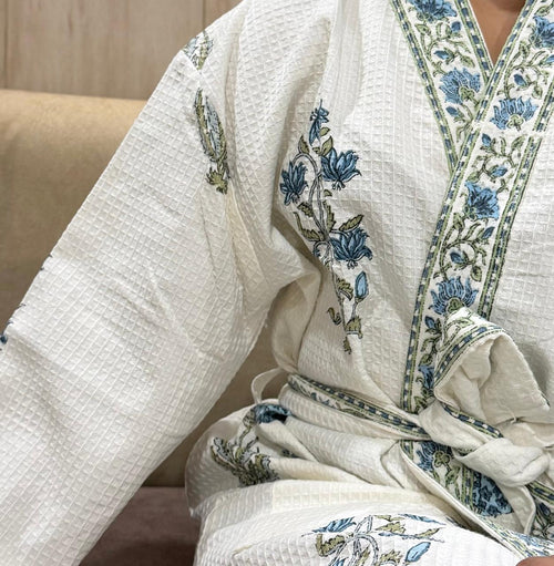Adult Handblock Printed Waffle Cotton Bathrobe - Neel Bagh