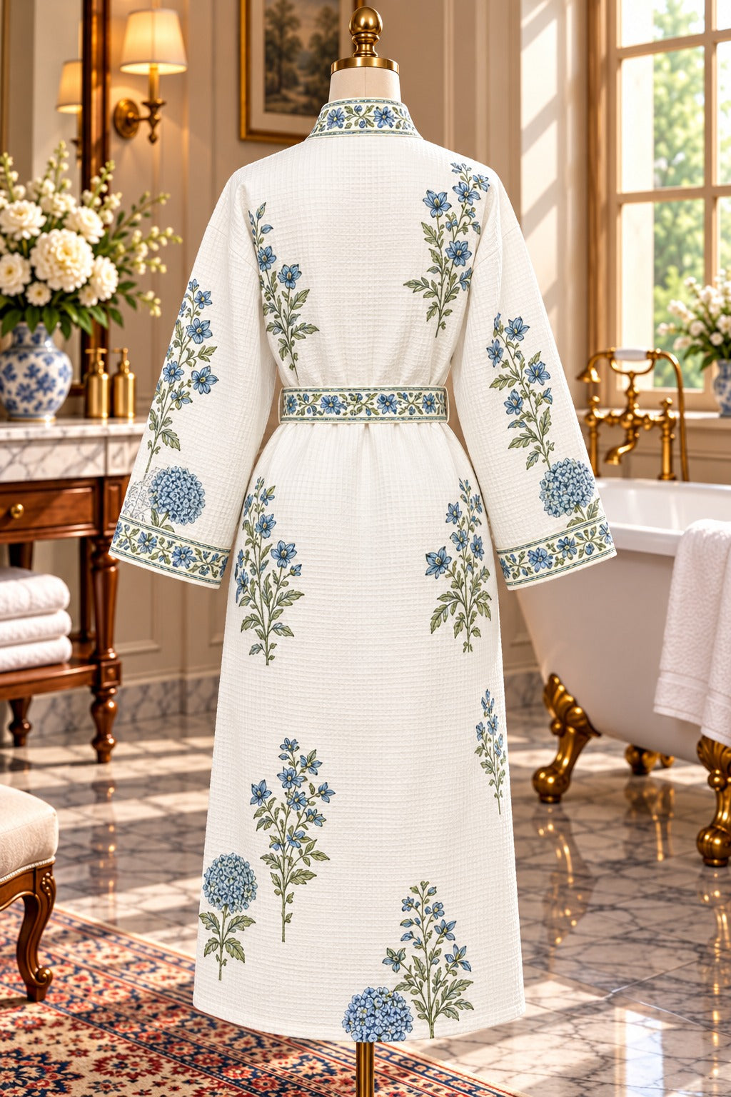 Adult Handblock Printed Waffle Cotton Bathrobe - Neel Bagh