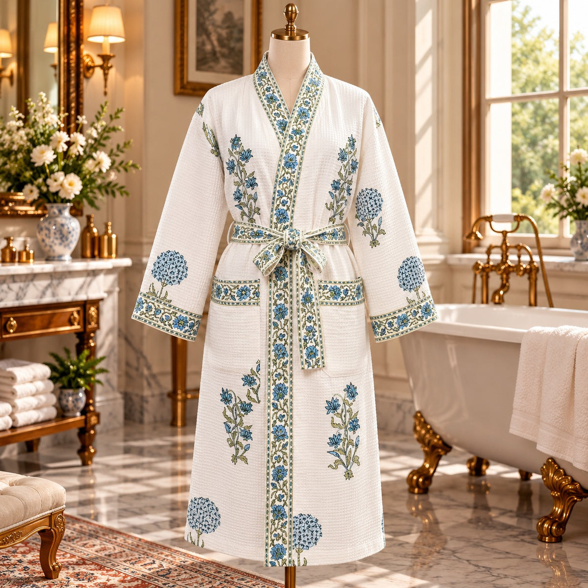 Adult Handblock Printed Waffle Cotton Bathrobe - Neel Bagh
