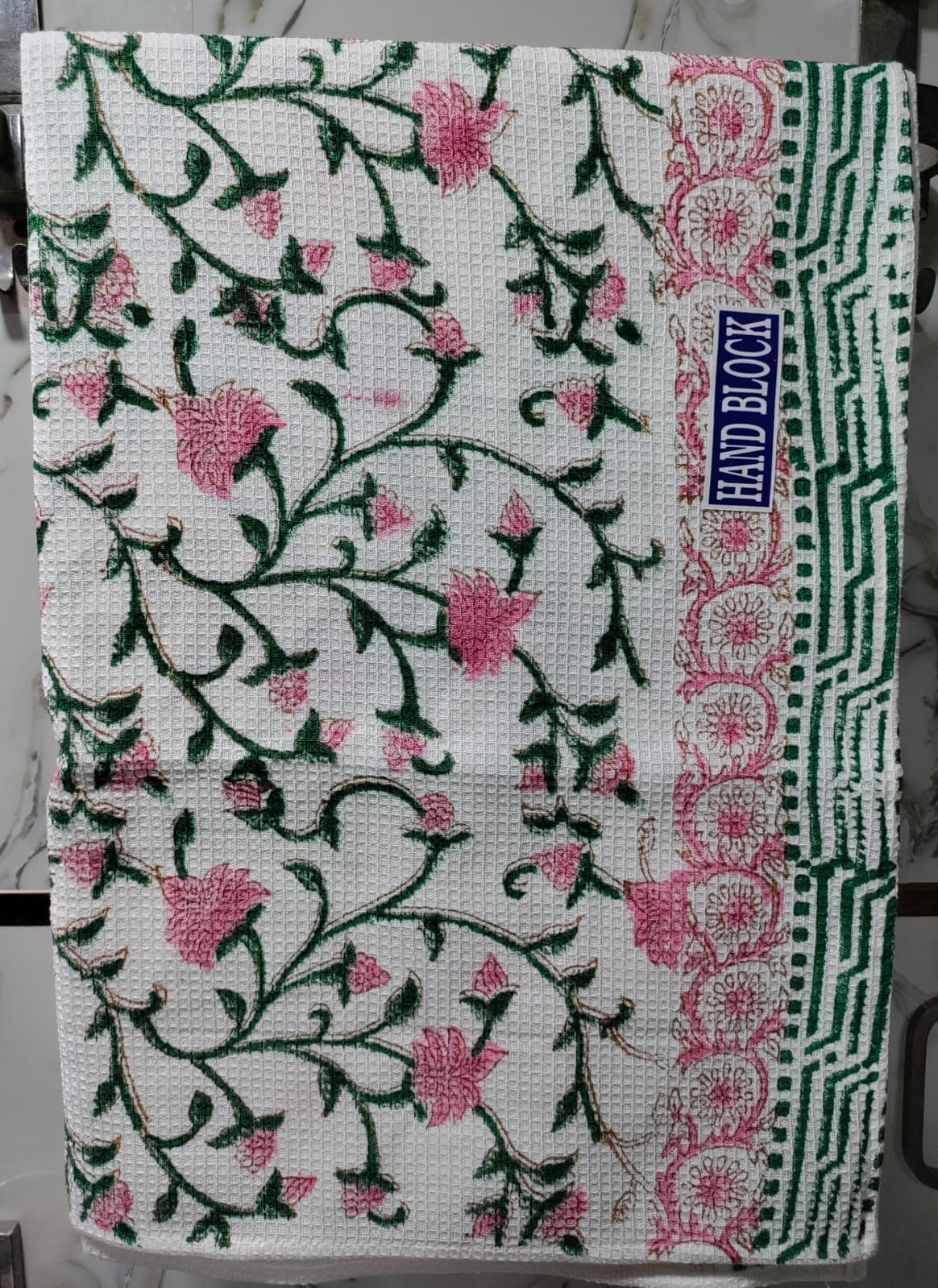 Handblock Printed Waffle Cotton Towel - Gulabi Lata