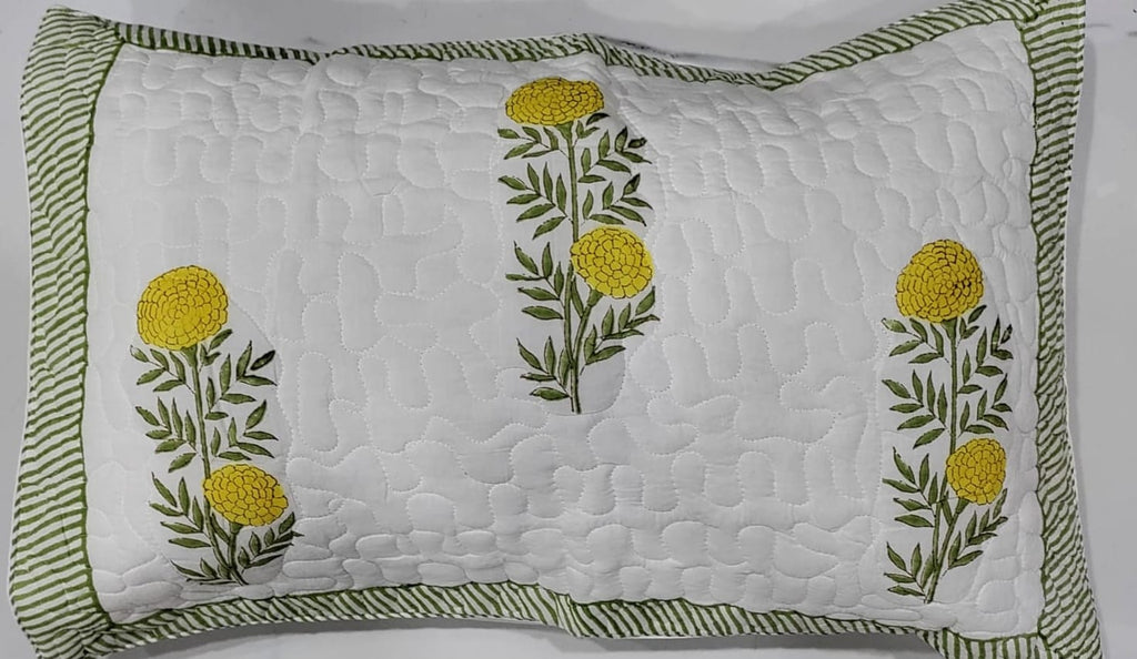 Reversible Handblock Printed Quilted King Bedcover Set - Sunehri Genda
