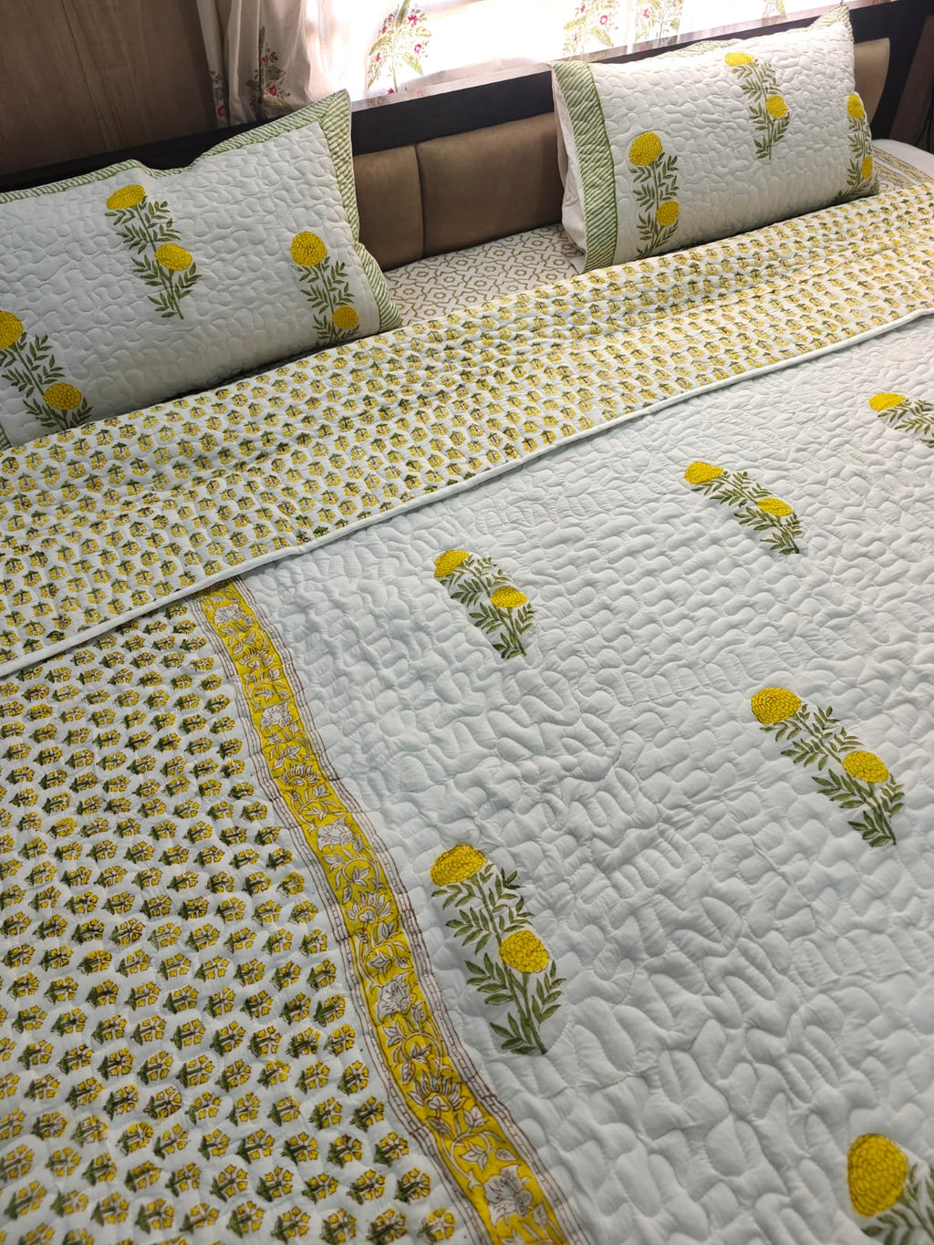 Reversible Handblock Printed Quilted King Bedcover Set - Sunehri Genda