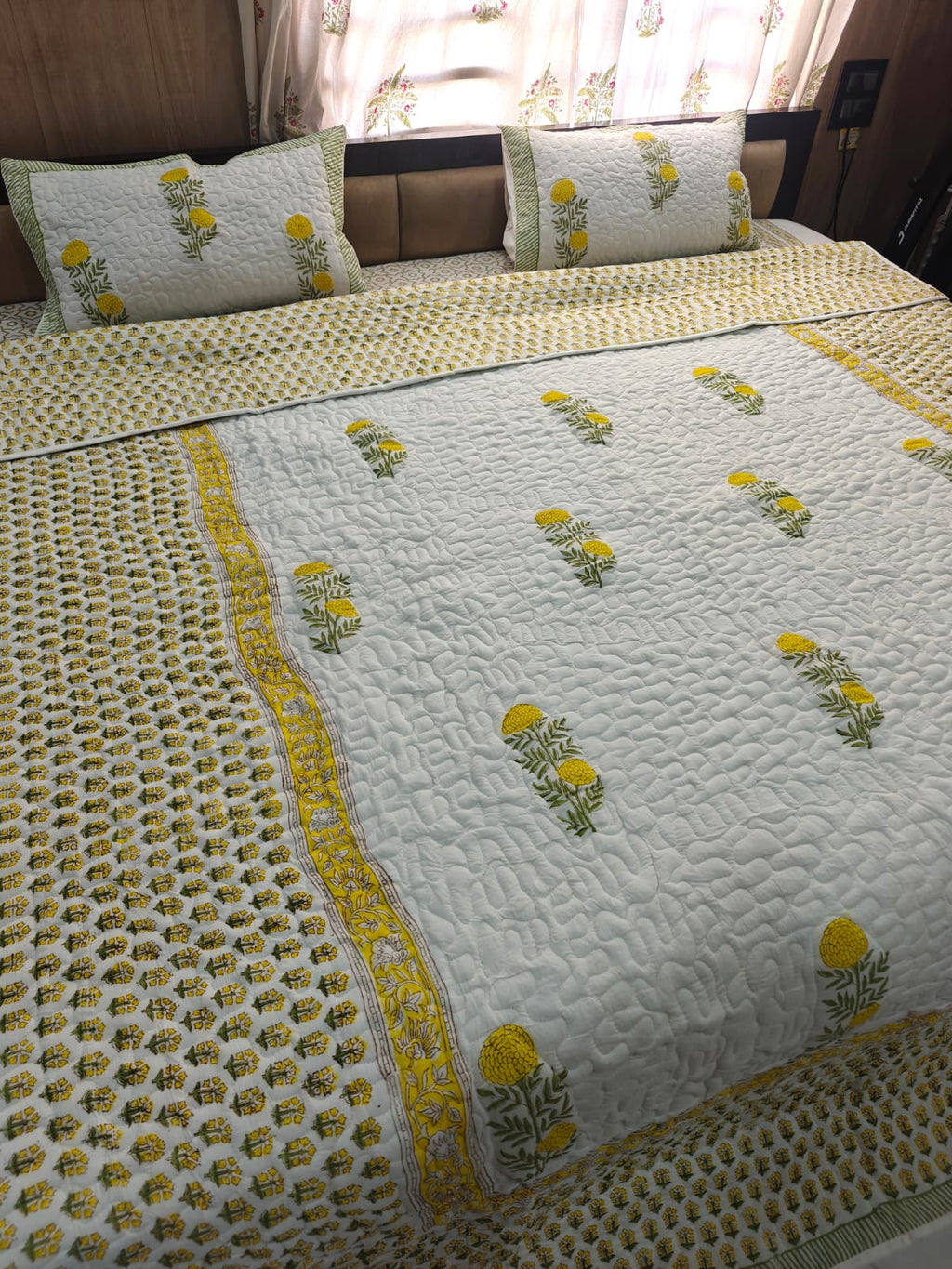Reversible Handblock Printed Quilted King Bedcover Set - Sunehri Genda