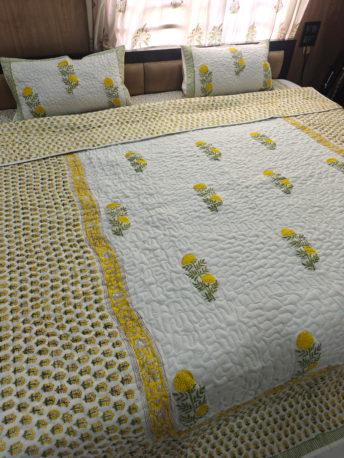 Reversible Handblock Printed Quilted King Bedcover Set - Sunehri Genda
