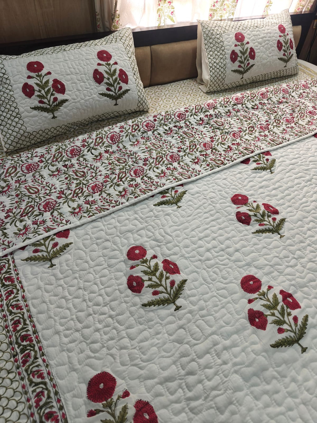 Reversible Handblock Printed Quilted King Bedcover Set - Mehrun Bagh