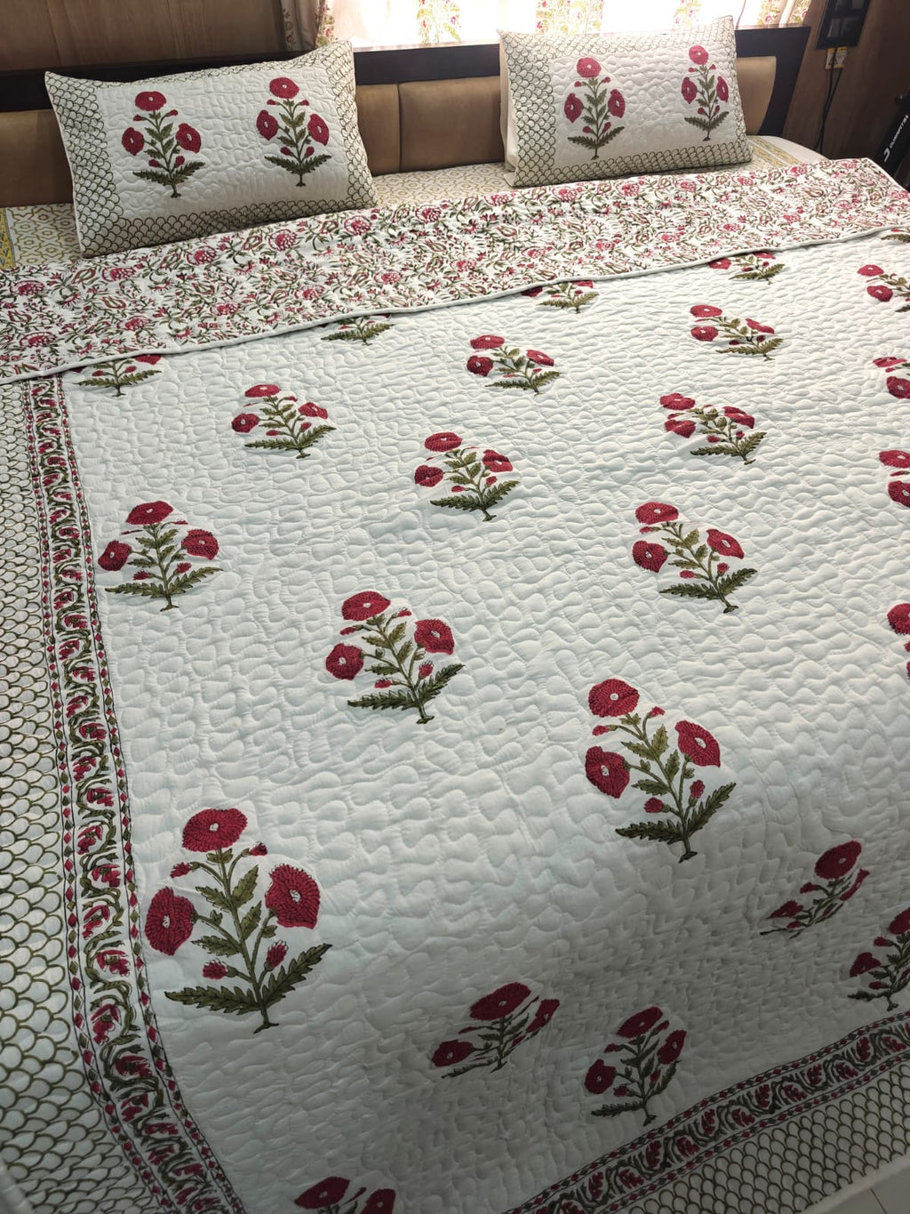Reversible Handblock Printed Quilted King Bedcover Set - Mehrun Bagh