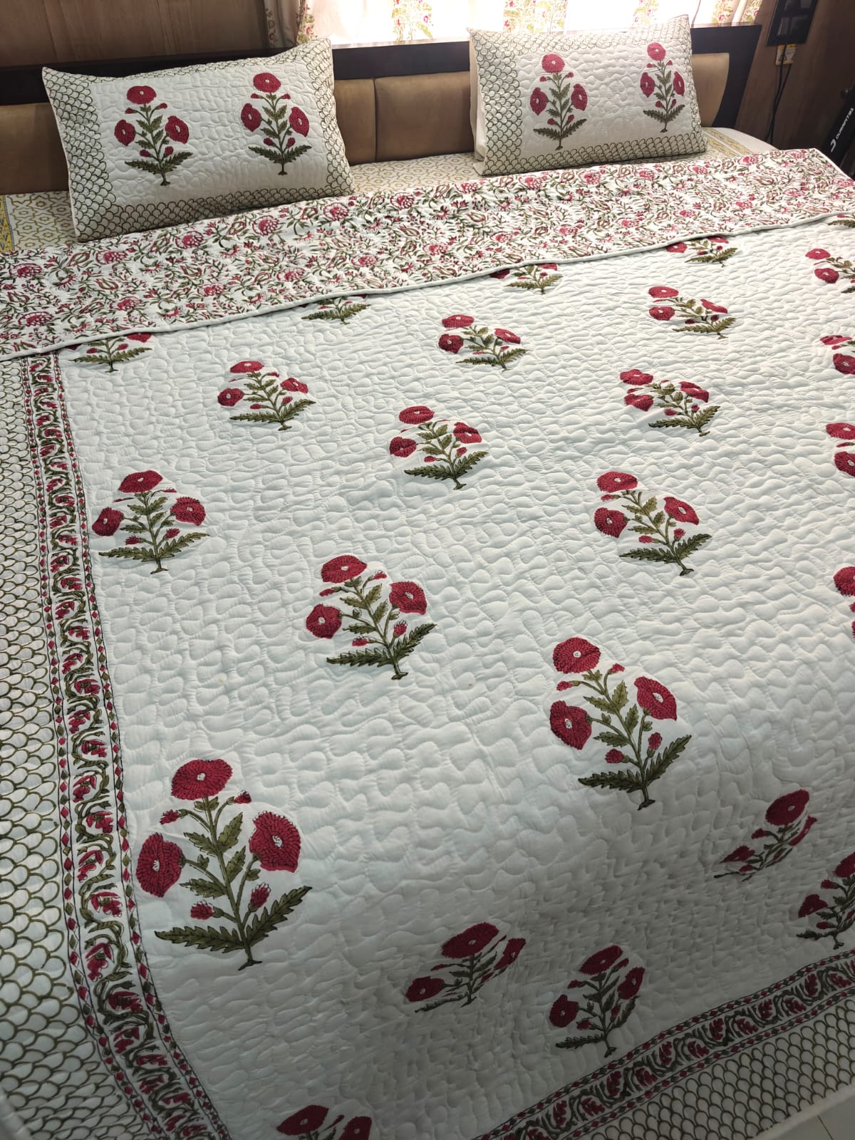 Reversible Handblock Printed Quilted King Bedcover Set - Mehrun Bagh