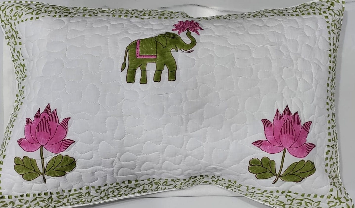 Reversible Handblock Printed Quilted King Bedcover Set - Padma Hathi