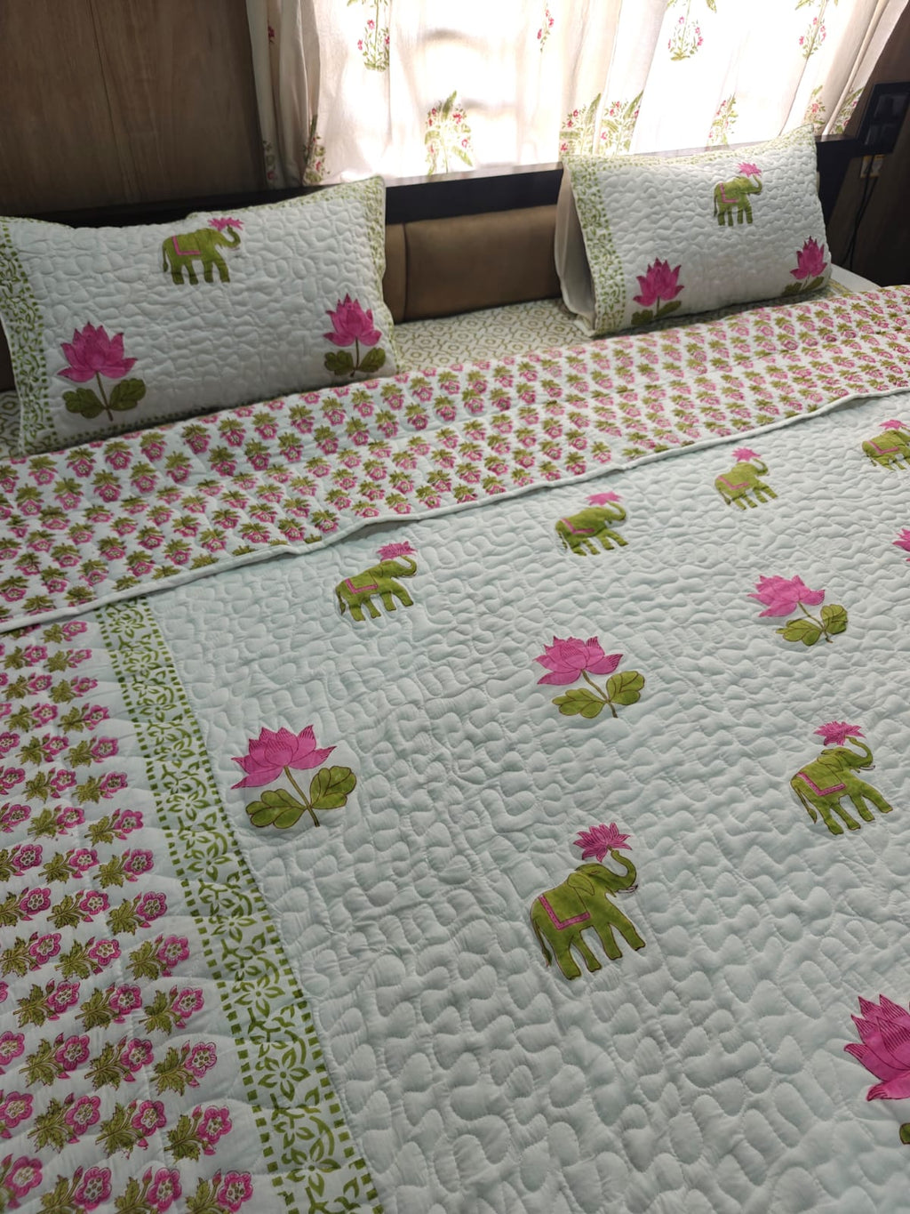 Reversible Handblock Printed Quilted King Bedcover Set - Padma Hathi