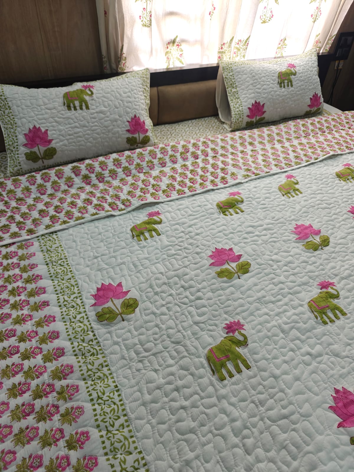 Reversible Handblock Printed Quilted King Bedcover Set - Padma Hathi