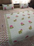 Reversible Handblock Printed Quilted King Bedcover Set - Padma Hathi
