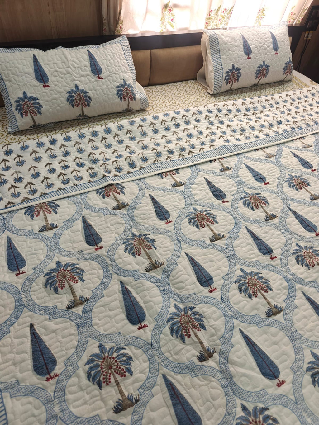 Reversible Handblock Printed Quilted King Bedcover Set - Neel Mahal